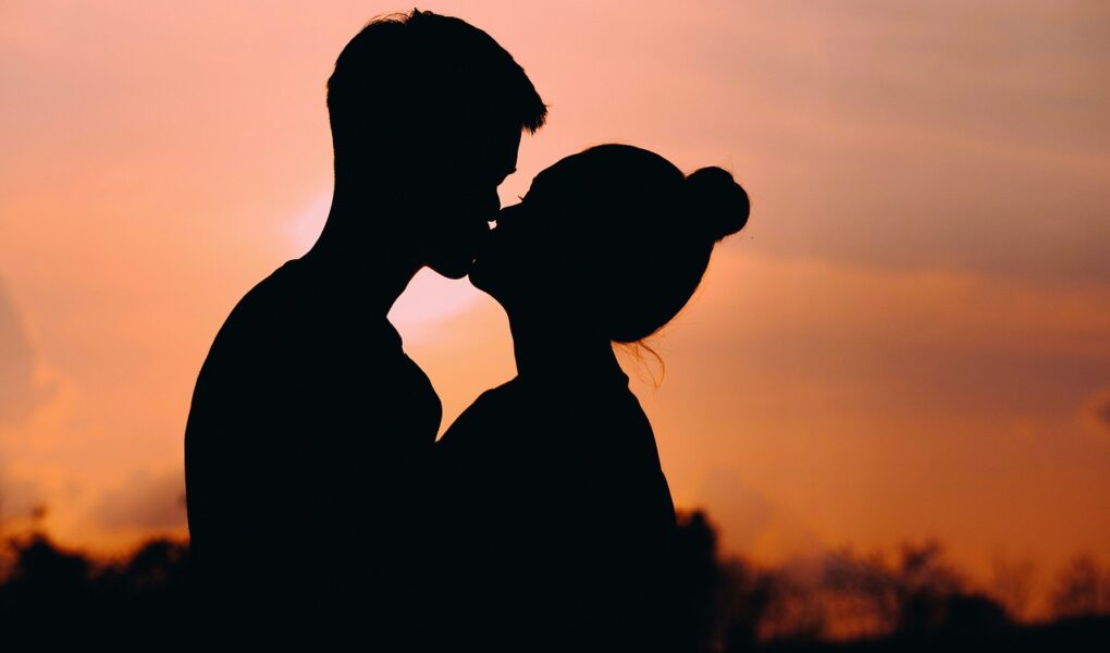 couple, kiss, sunset