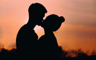 couple, kiss, sunset